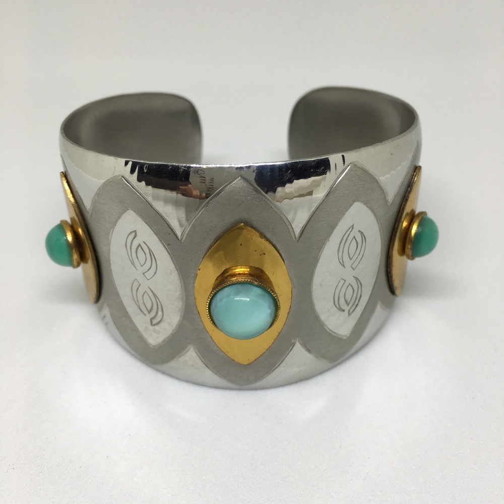 Silver and gold with aqua stones cuff bracelet.